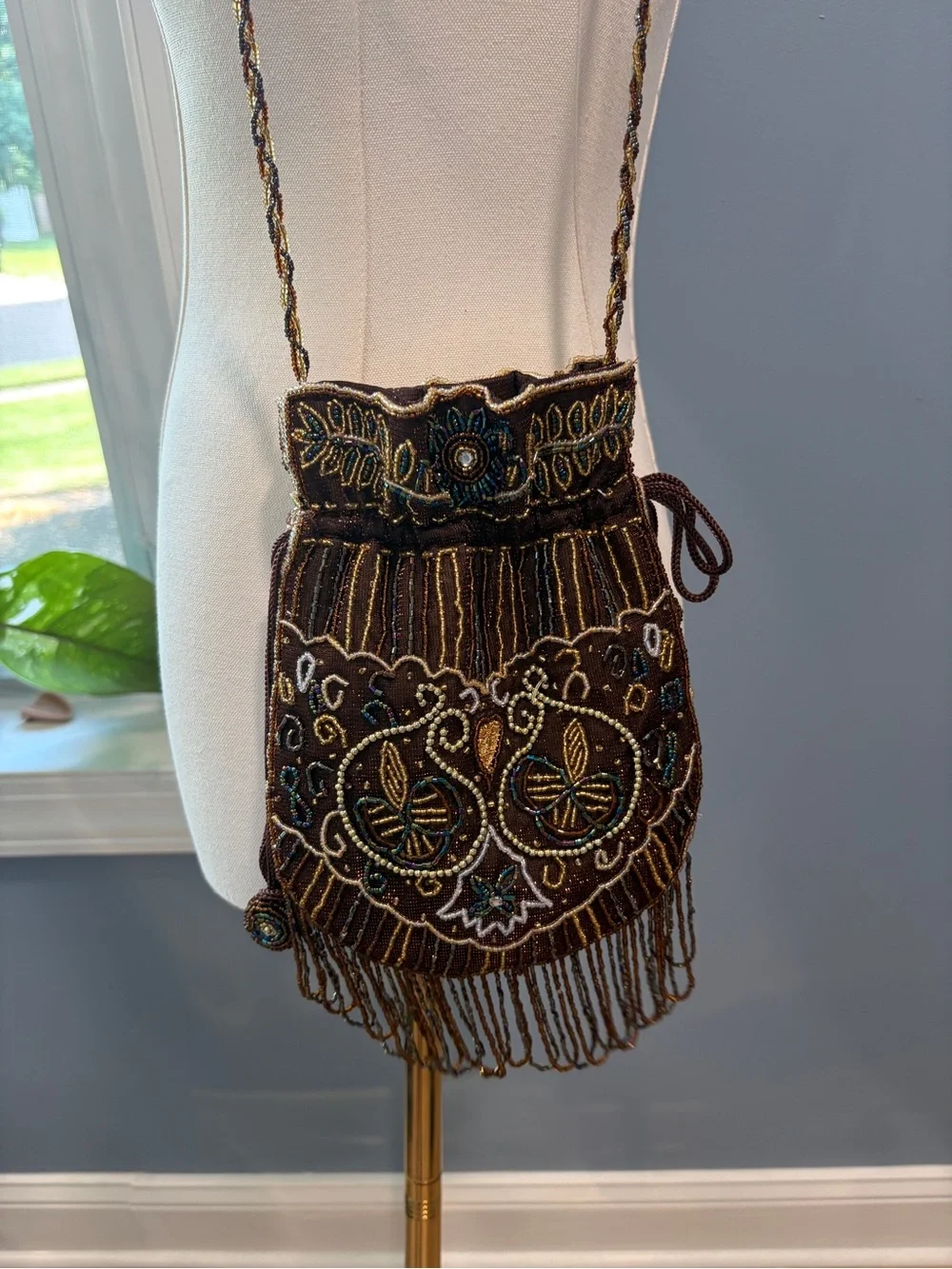 Vintage Hand Beaded Drawstring Purse Brown Fringe Evening Bag Boho